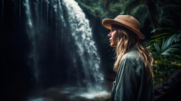 Een jonge vrouw geniet van een waterval in de jungle Generatieve AI