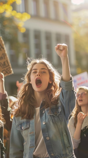 Een jonge vrouw heft hartstochtelijk haar vuist en schreeuwt tijdens een protest haar haar waait in de wind en een vastberaden uitdrukking op haar gezicht