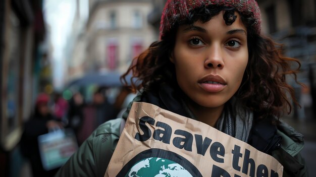 Foto een jonge vrouw houdt een bordje vast met de tekst save the planet voor een wazige achtergrond van mensen die op straat lopen