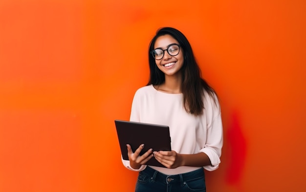 Een jonge vrouw houdt een tablet voor een oranje muur.