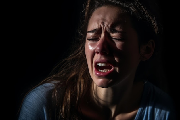 Een jonge vrouw huilt in een donkere kamer.