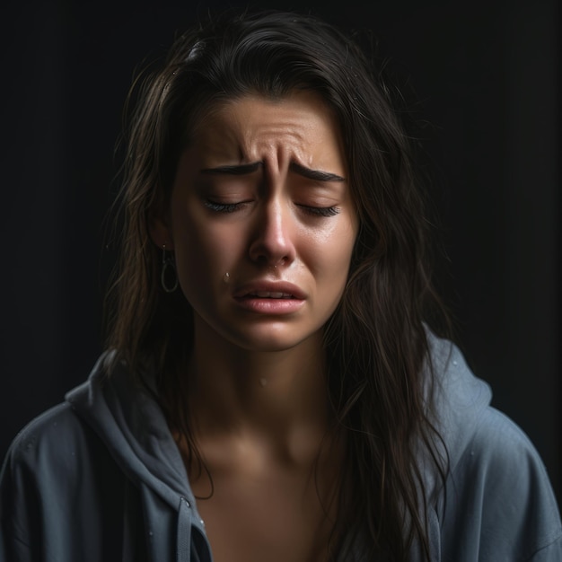 een jonge vrouw huilt voor een zwarte achtergrond
