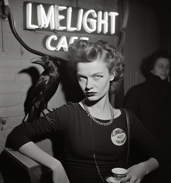 Een jonge vrouw in een bar met een zwarte kraai in de stijl van de jaren dertig.