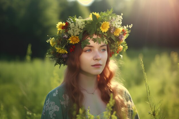 Een jonge vrouw in een bloemenkrans op een zonovergoten weide Fotorealistisch beeld AI gegenereerd