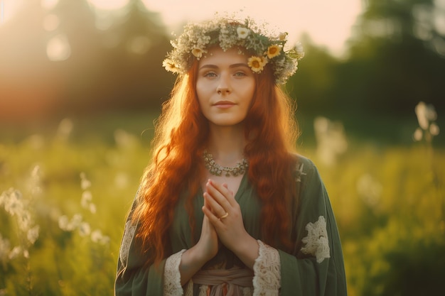 Een jonge vrouw in een bloemenkrans op een zonovergoten weide Fotorealistisch beeld AI gegenereerd