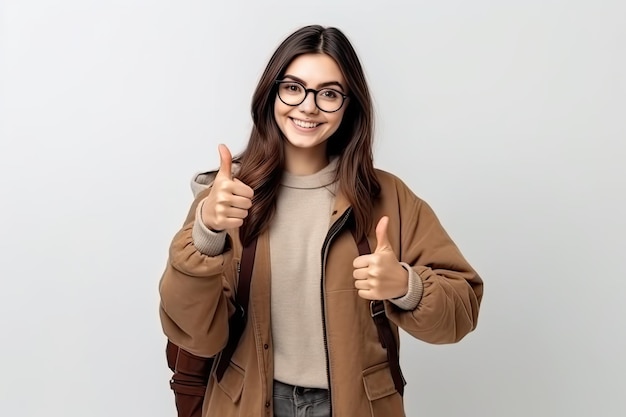 Een jonge vrouw in een bruin jasje met een bril steekt haar duim omhoog en glimlacht.