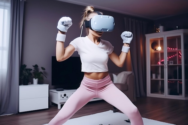 Een jonge vrouw in een fitnesspak en VR-bril doet thuis sport Virtual reality training