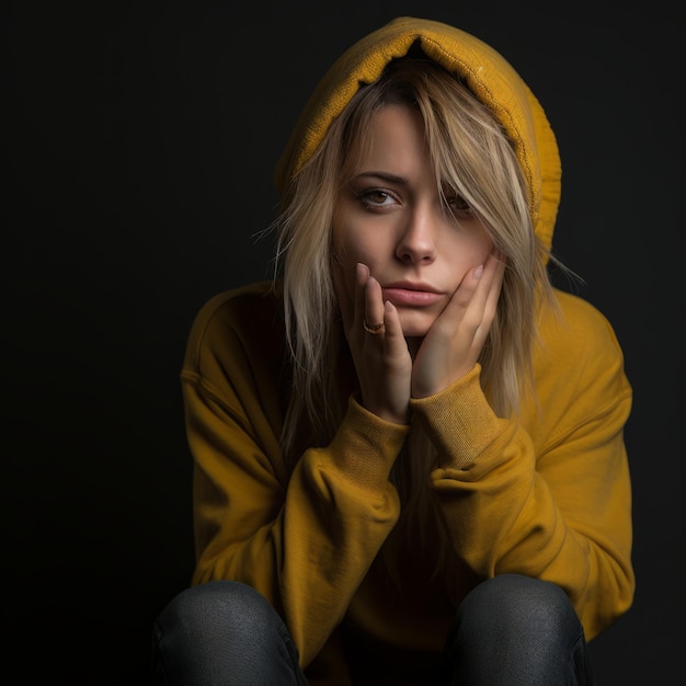 een jonge vrouw in een gele hoodie zittend op de vloer met haar handen voor haar gezicht