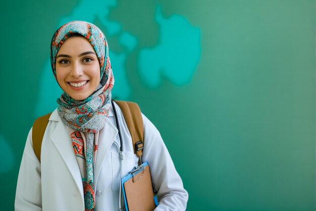 Een jonge vrouw in een hijab die voor een groene muur staat