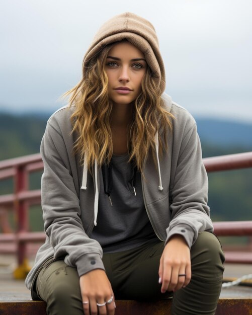 een jonge vrouw in een hoodie die op een brug zit