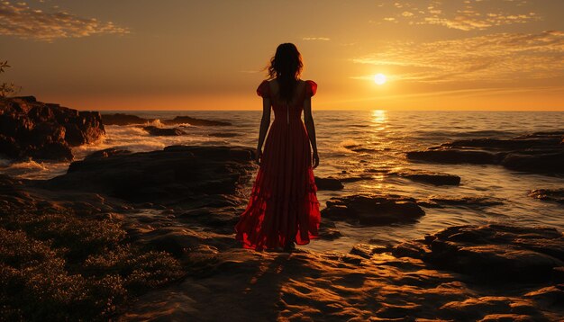 Foto een jonge vrouw in een jurk geniet van de zonsondergang bij het door ai gegenereerde water