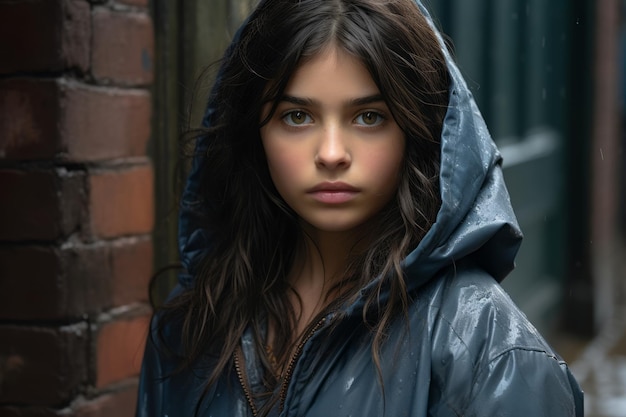 een jonge vrouw in een kapotte jas die in de regen staat