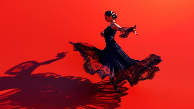 Foto een jonge vrouw in een lange zwarte jurk met rode accenten danst flamenco ze heeft haar armen uitgestrekt en kijkt naar beneden naar haar voeten