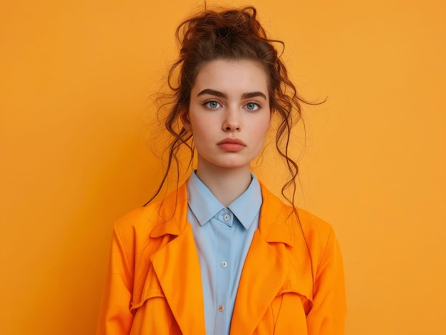 Een jonge vrouw in een oranje jas.