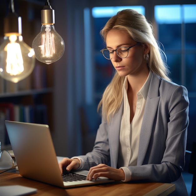 Een jonge vrouw in een pak die aan haar laptop werkt in een kantoor thuis