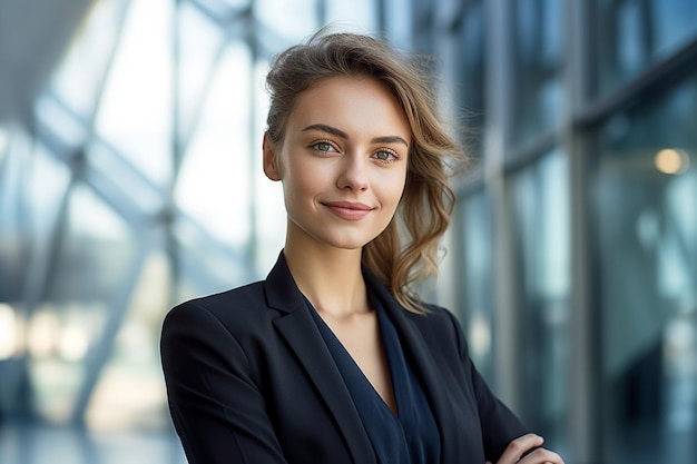 Foto een jonge vrouw in een pak staat voor een raam met haar armen gekruist.