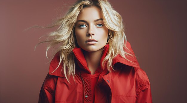 Foto een jonge vrouw in een rood jasje poseert voor de camera met stijl en zelfvertrouwen