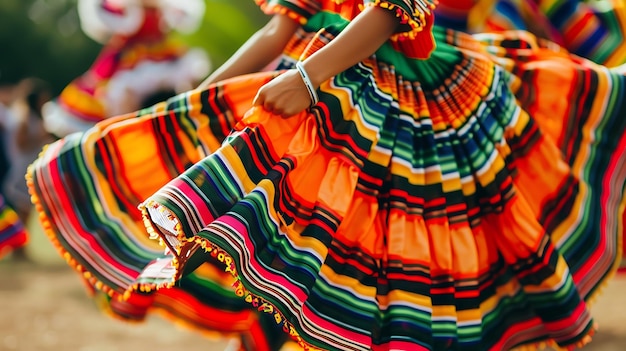 Foto een jonge vrouw in een traditionele mexicaanse jurk danst. de jurk is gemaakt van felgekleurde stof en heeft een volle rok.