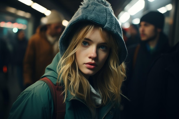een jonge vrouw in een winterjas die in een metrostation staat