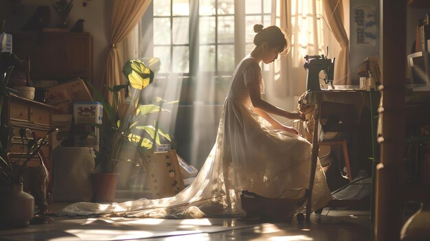 Foto een jonge vrouw in een witte jurk zit bij een naaimachine in een zonverlichte kamer ze werkt aan een wit kledingstuk