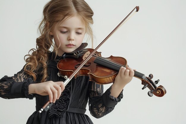 Een jonge vrouw in een zwart pak verscheen zelf viool speelend over een witte omgeving Generatieve AI