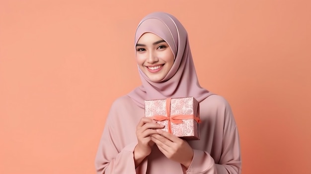 Een jonge vrouw in Hijab met een geschenkdoos in haar handen