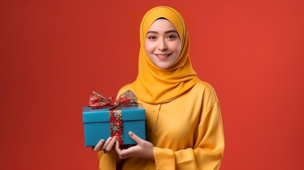 Een jonge vrouw in Hijab met een geschenkdoos in haar handen