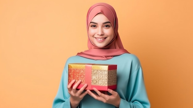 Een jonge vrouw in Hijab met een geschenkdoos in haar handen