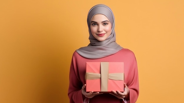 Een jonge vrouw in Hijab met een geschenkdoos in haar handen