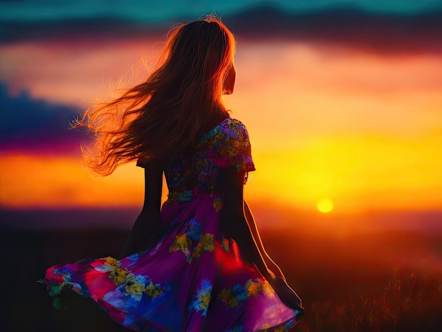 Een jonge vrouw in kleurrijke kleding die zich in generatieve zonsondergang ai bevindt