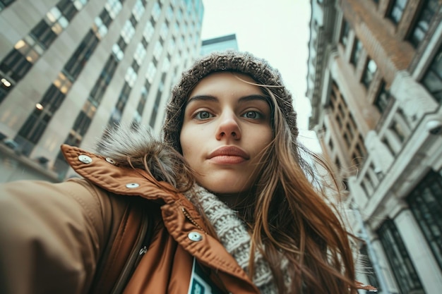 Een jonge vrouw in moderne kleding die een selfie maakt in een stadsbeeld