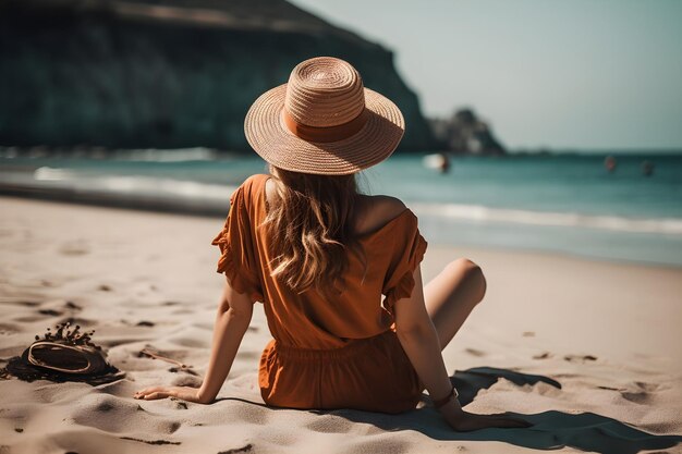 Een jonge vrouw in oranje jurk en strohoed zittend op het strand