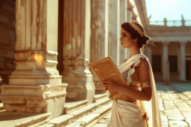 Foto een jonge vrouw in oude romeinse kleding met een boekrol in een marmeren binnenplaats