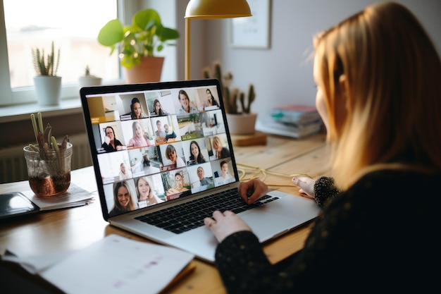 Een jonge vrouw in Riga, Letland, heeft een videoconferentiegesprek via haar computer. Deze vergadering is