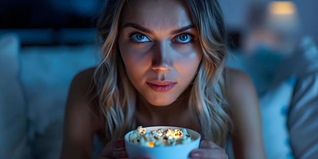 Een jonge vrouw in spannende verwachting terwijl ze popcorn eet tijdens een enge film Concept Spannende verwachting Scary Movie Popcorn Snacking Young Woman