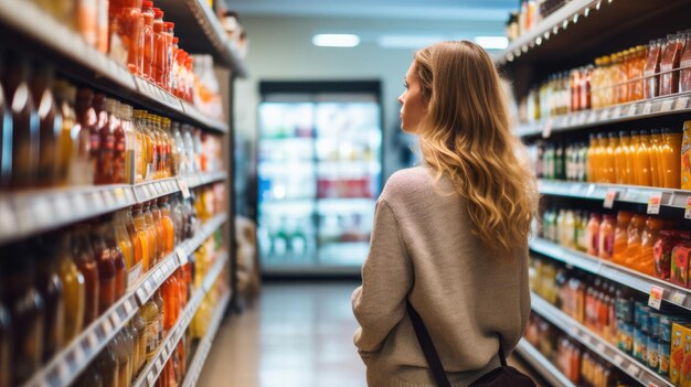 Een jonge vrouw kiest producten in een supermarkt