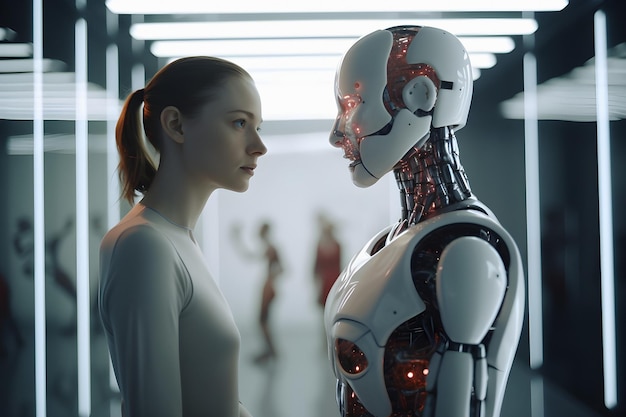 Een jonge vrouw kijkt naar een humanoïde robot in een modern robotica-laboratorium Het concept van humanoïde robots