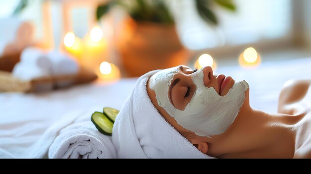 Een jonge vrouw ligt op een spa bed met een gezichtsmasker op haar gezicht ze draagt een witte handdoek op haar hoofd en er zijn komkommers op haar ogen