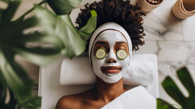 Een jonge vrouw ligt op een spa bed met een wit gezichtsmasker op haar gezicht en komkommer snijden over haar ogen