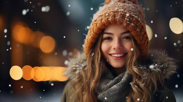 Een jonge vrouw loopt 's avonds op de kerstmarkt versierd met feestelijke verlichting wintervakantie Design ai