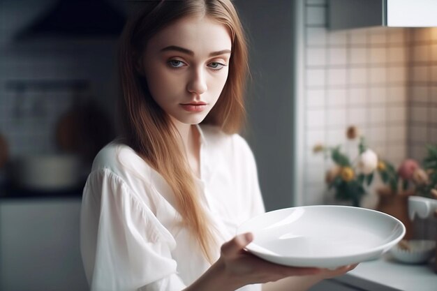 Een jonge vrouw maakt de keuken thuis schoon en brengt de dingen in orde.