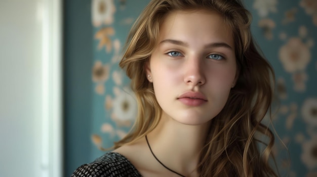 Een jonge vrouw met blauwe ogen die naar de camera kijkt.