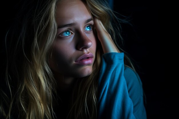 een jonge vrouw met blauwe ogen kijkt naar de camera