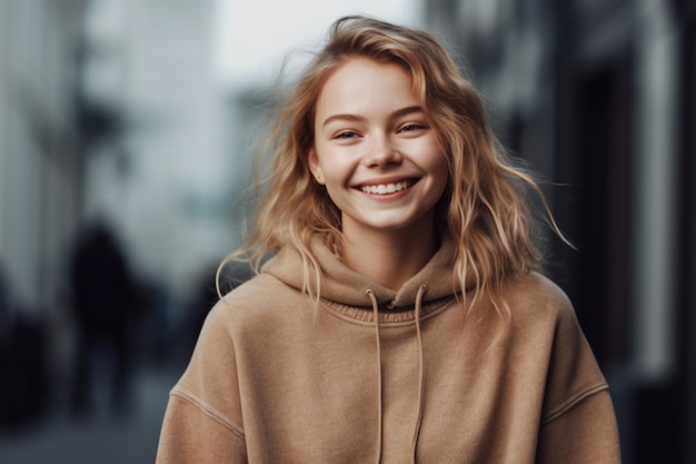 Een jonge vrouw met blond haar die een bruine hoodie draagt, glimlacht.
