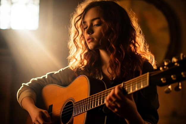 Een jonge vrouw met een akoestische gitaar in het donker onder een lichtstraal