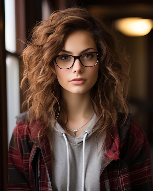 een jonge vrouw met een bril en een geruite hemd