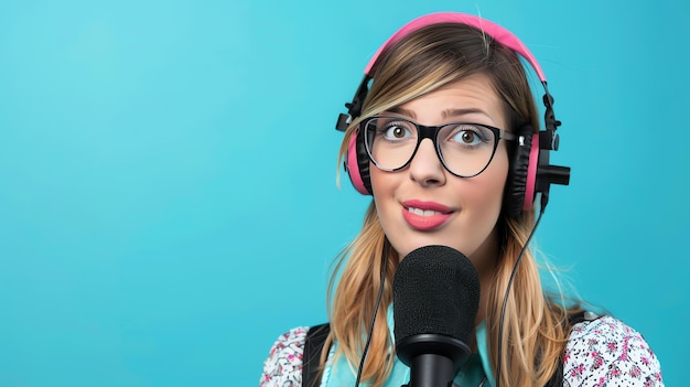 Foto een jonge vrouw met een bril en koptelefoon spreekt in een microfoon ze heeft een verbaasde uitdrukking op haar gezicht