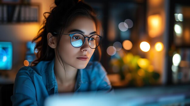 Een jonge vrouw met een bril werkt laat in de nacht aan haar computer. Ze draagt een blauw shirt en heeft haar haar in een broodje.