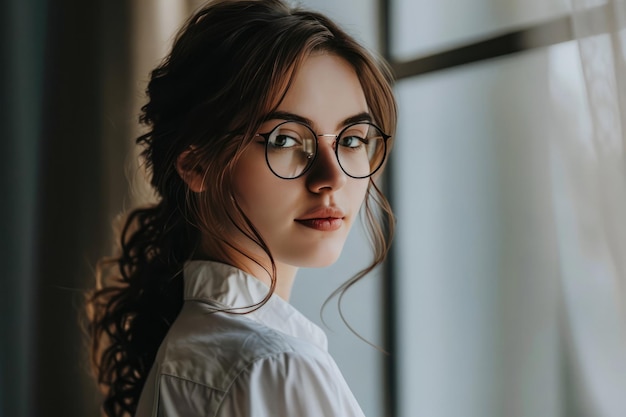 Een jonge vrouw met een bril