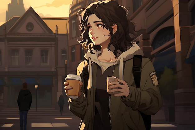 Een jonge vrouw met een croissant en een kop koffie op een stadswandeling